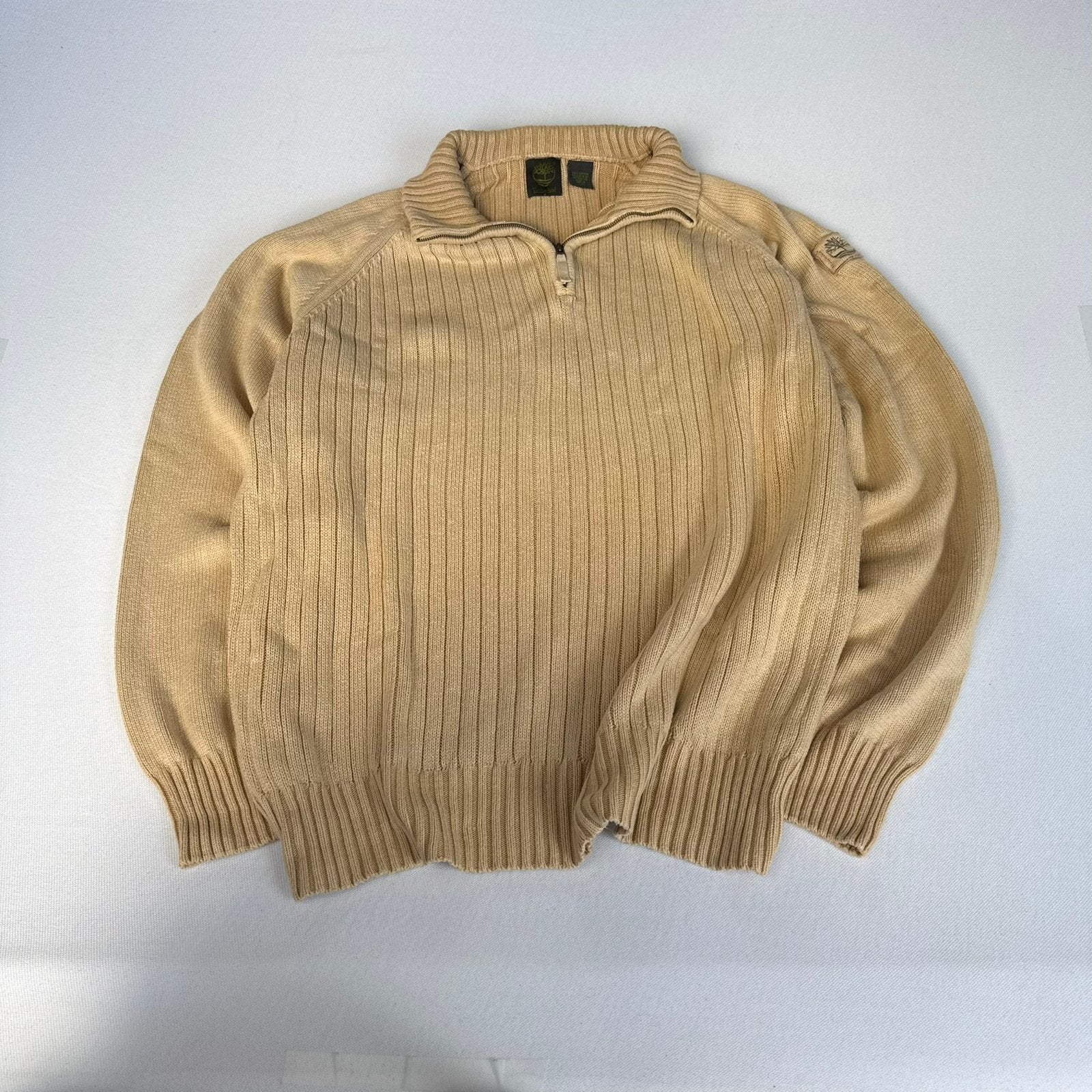 Timberland 100% Cotton Ribbed Quarter-Zip Trui – Beige, L/G, Ophalen of Verzenden, Zo goed als nieuw, Maat 52/54 (L), Beige