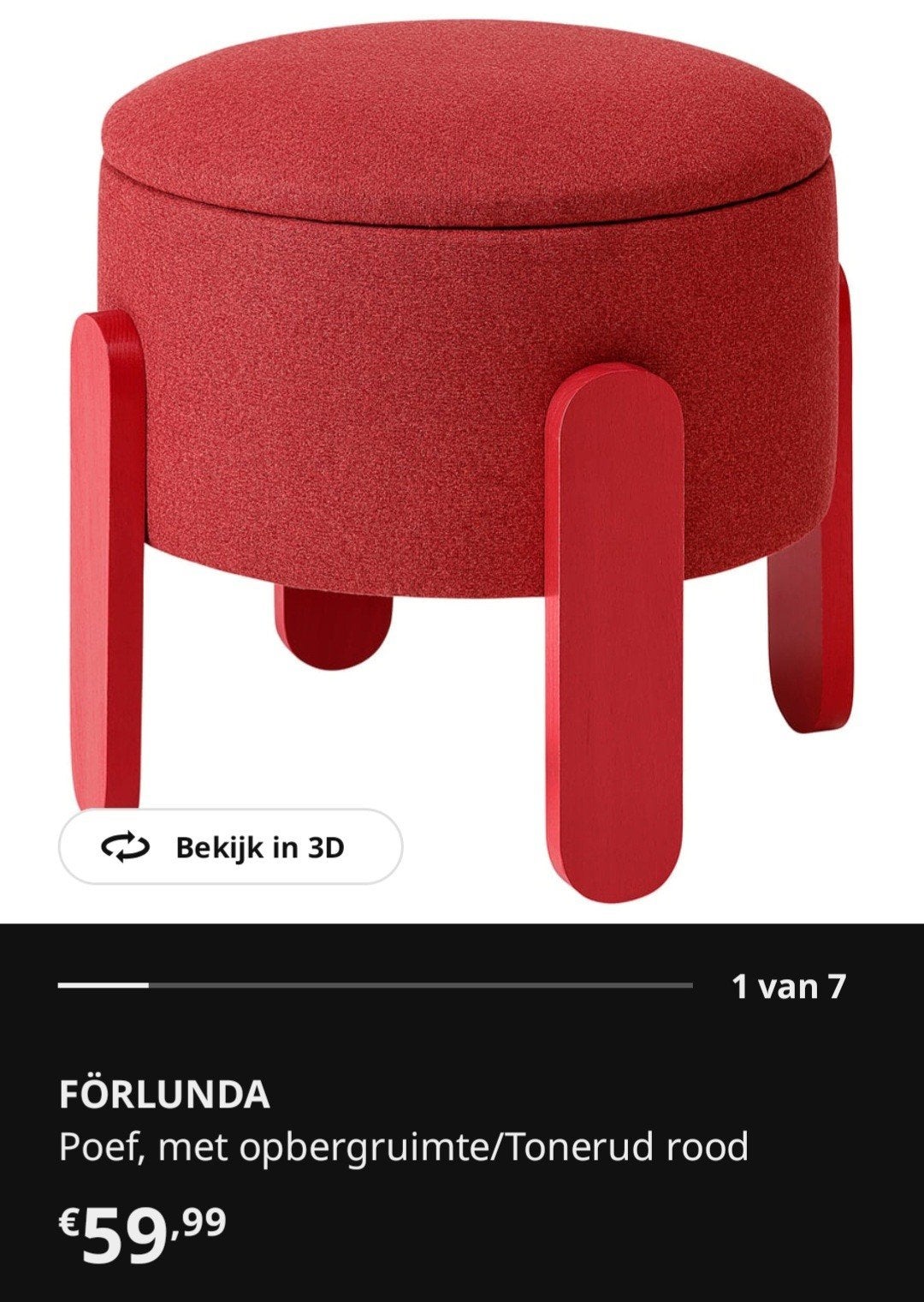 IKEA Förlunda poef met opbergruimte - rood, Ophalen, Minder dan 50 cm, Gebruikt, Rond