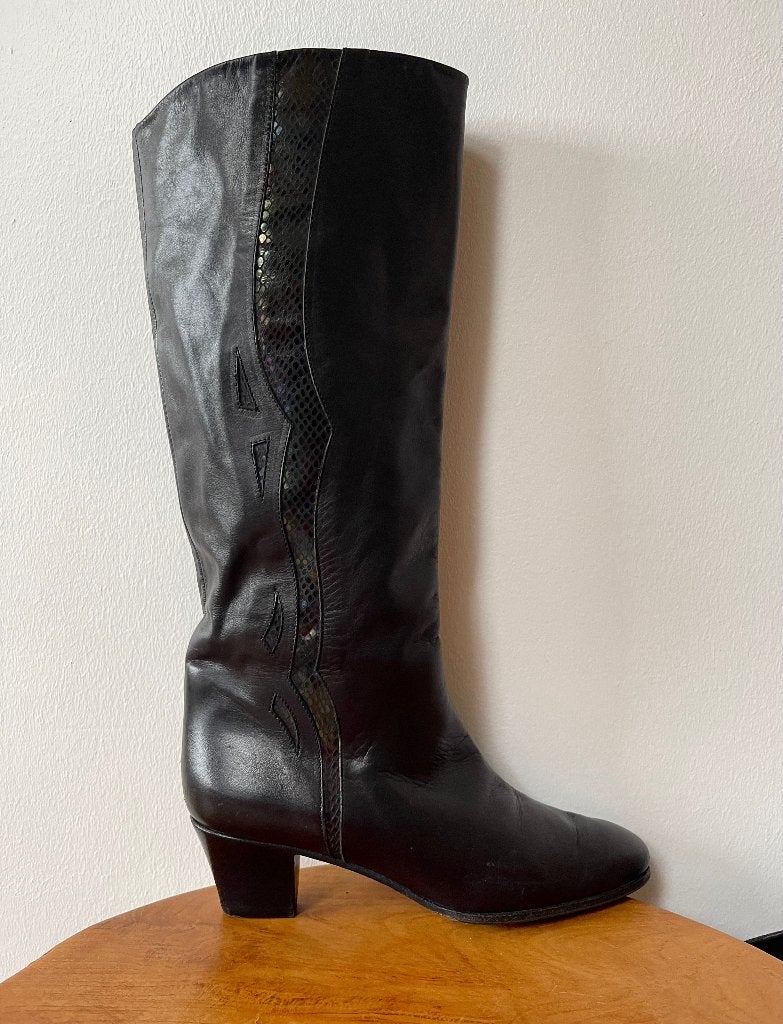 80s Vintage laarzen Brunella Italy black application 39 38, Kleding | Dames, Schoenen, Hoge laarzen, Verzenden, Brunella, Zwart