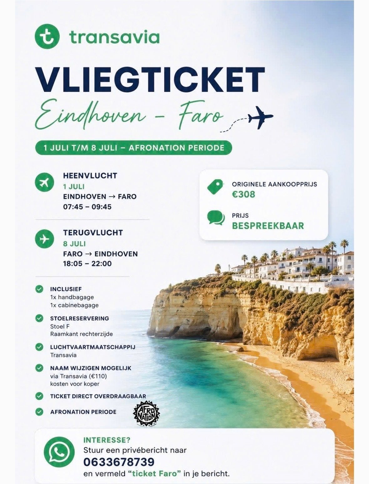 2 Transavia vliegtickets - Retour Eindhoven -> Faro, Twee personen, Vliegtuig, Met bestemming of datum