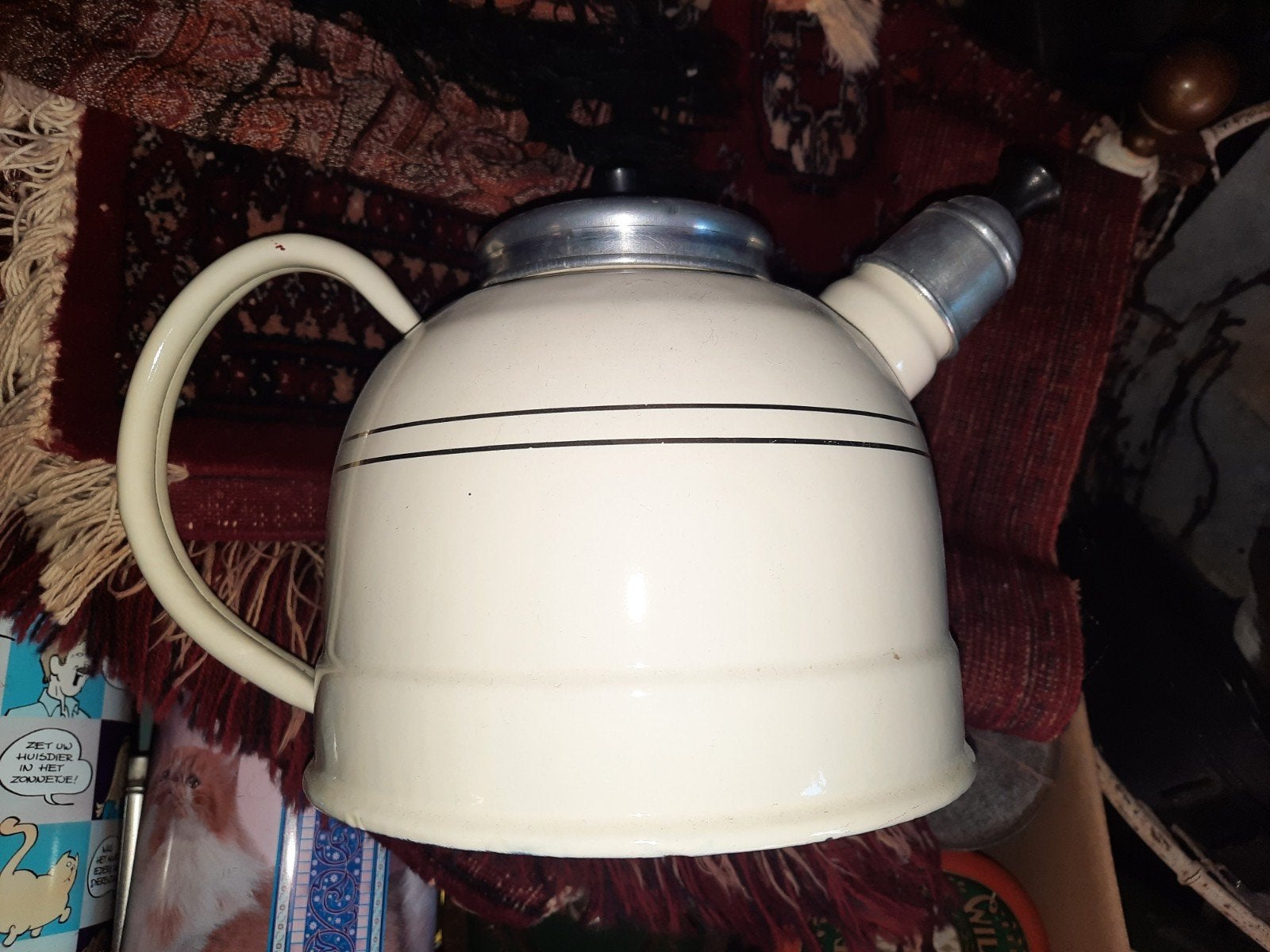 Vintage Crème Emaille Theeketel met Zwarte Strepen, Antiek en Kunst, Antiek | Emaille, Ophalen of Verzenden
