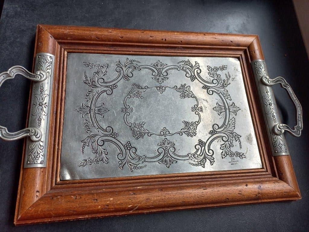 Vintage houten dienblad met tin, Antiek en Kunst, Ophalen of Verzenden