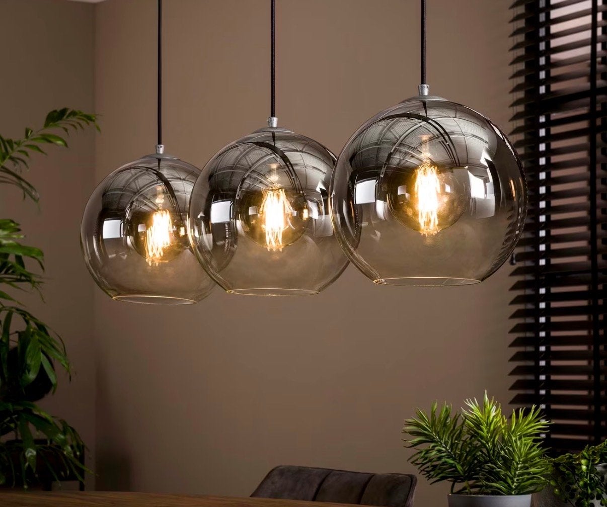 Hanglamp 3-lichts met smoke glazen bollen, Ophalen, Zo goed als nieuw, Glas, E27 (groot)