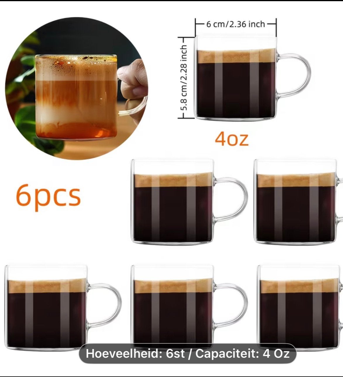 Set van 6 glazen kopjes - 4oz (120ml), Nieuw, Ophalen of Verzenden, Glas, Overige stijlen