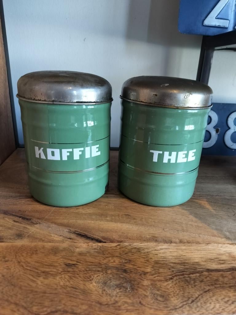 Vintage emaille koffie- en theebussen, groen met gouden bies, Antiek en Kunst, Antiek | Emaille, Ophalen of Verzenden
