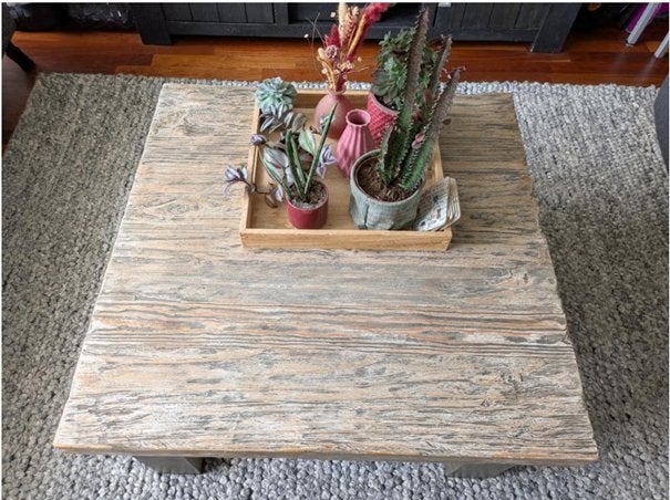 Robuuste eiken salontafel met stalen poten - 85x85x42cm, Huis en Inrichting, Tafels | Salontafels, Zo goed als nieuw, Minder dan 50 cm