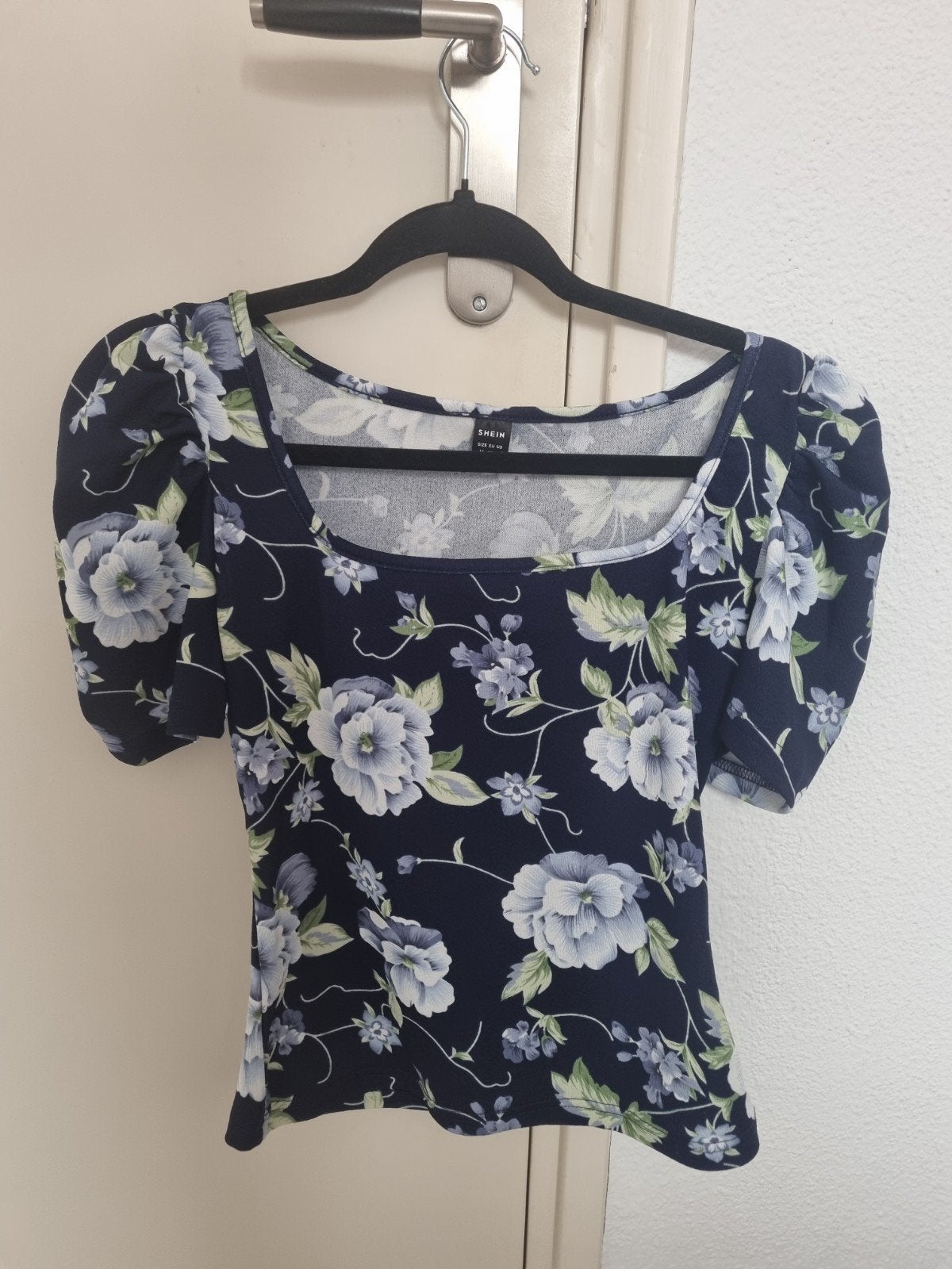 Shein Bloemenprint Top met Vierkante Hals en Pofmouwen, Kleding | Dames, Tops, Blauw, Ophalen of Verzenden, Zo goed als nieuw
