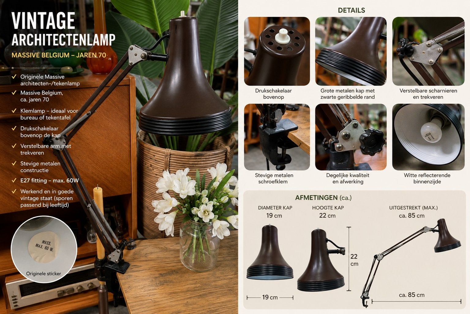 Vintage Massive architectenlamp jaren 70 – bruin/zwart –, Ophalen of Verzenden