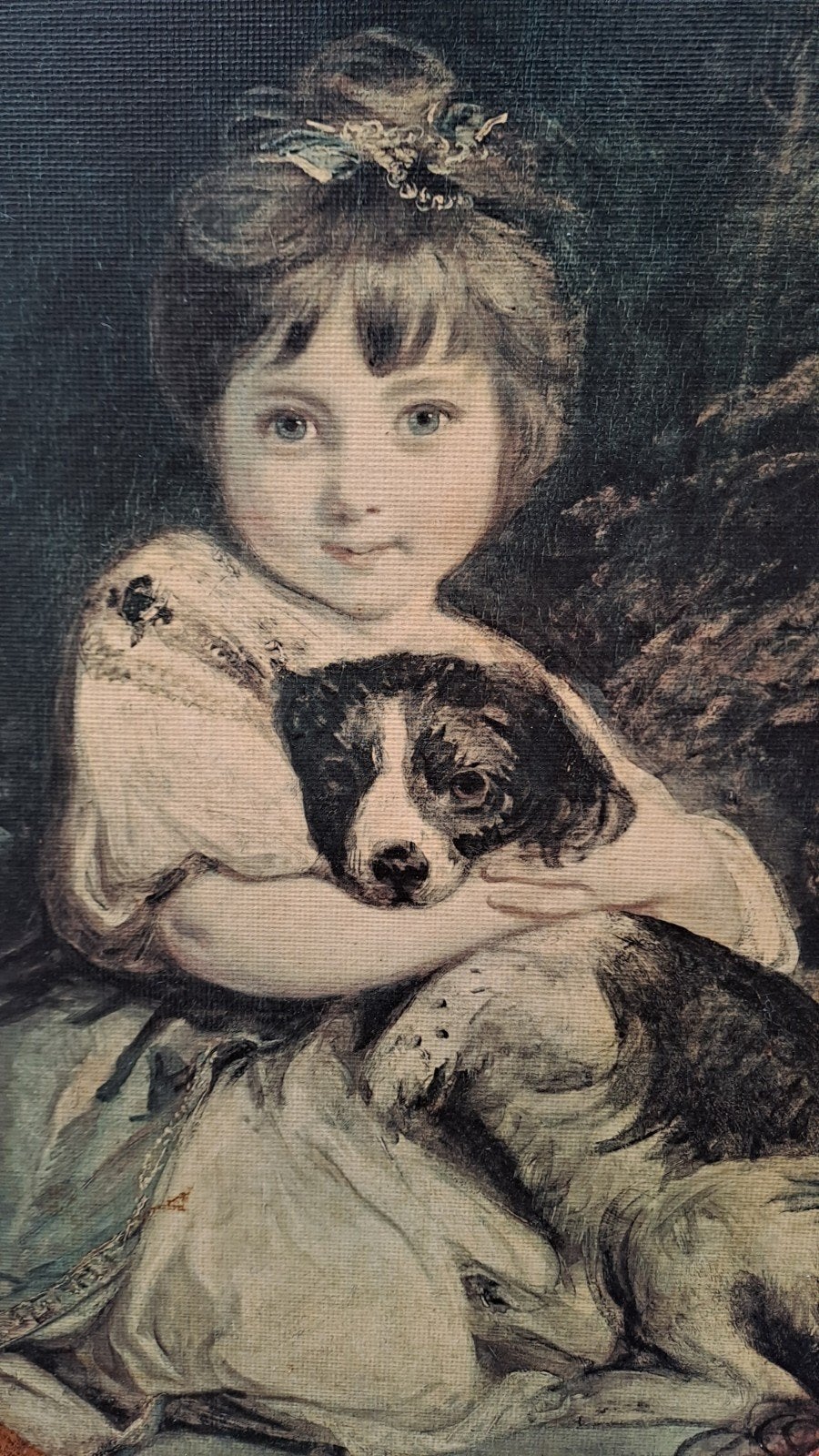 Ovaal vintage schilderij van meisje met hond in sierlijke li, Ophalen of Verzenden, Portret of Personen