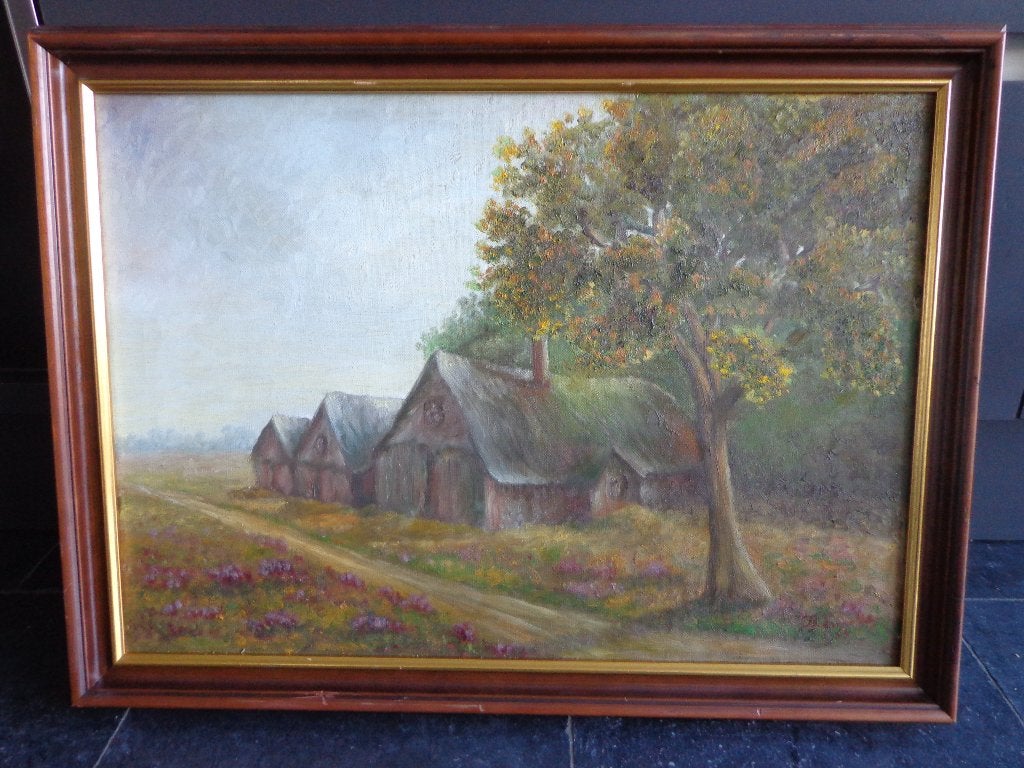 Boerderijen aan landweg schilderij met lijst, Antiek en Kunst, Doek, Ophalen of Verzenden, Landschap, Klassiek