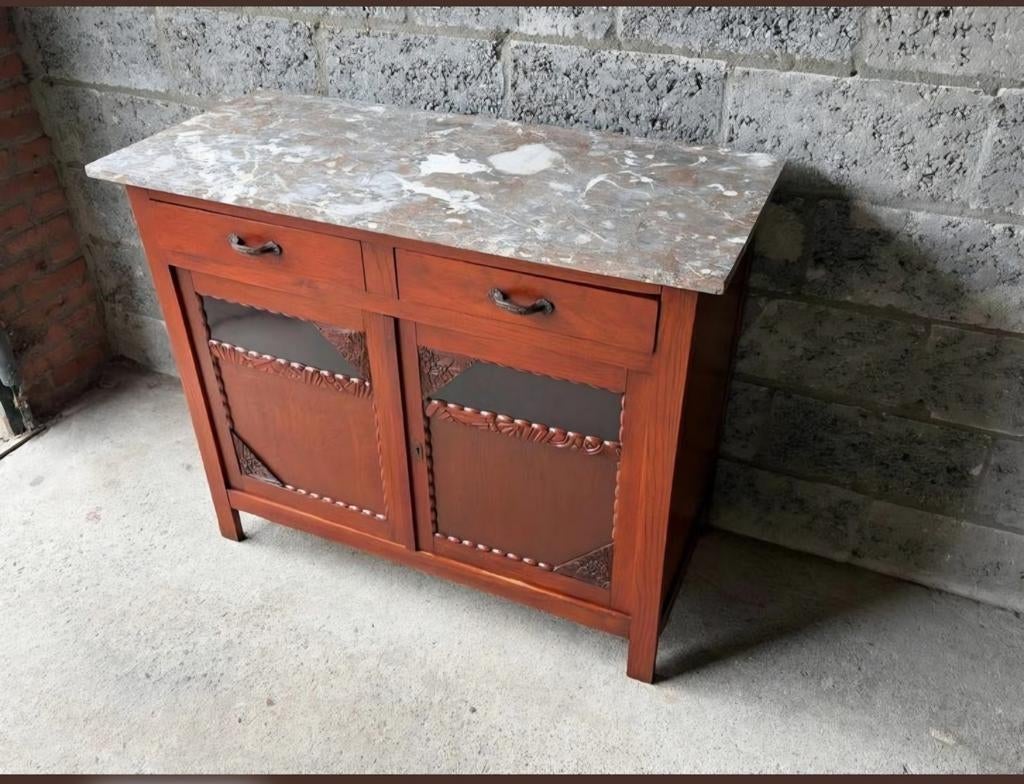 Vintage commode-dressoir met grijs marmer blad., Huis en Inrichting, Kasten | Dressoirs, Gebruikt, Minder dan 50 cm, 25 tot 50 cm