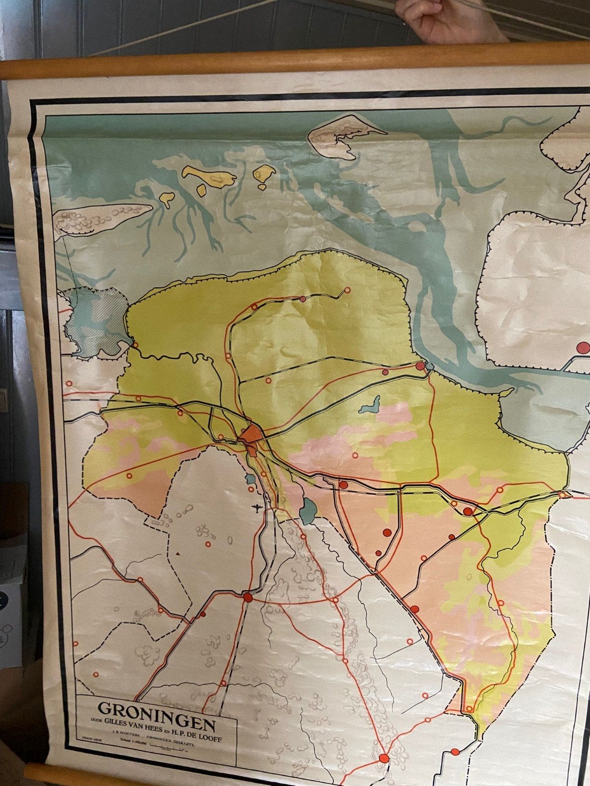 Oude schoolkaart provincie Groningen - Topografie, Antiek en Kunst, Antiek | Schoolplaten, Aardrijkskunde, Ophalen of Verzenden