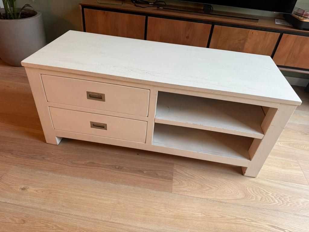 Stevig wit teakhouten tv-meubel, Ophalen, 100 tot 150 cm, Teakhout, Zo goed als nieuw