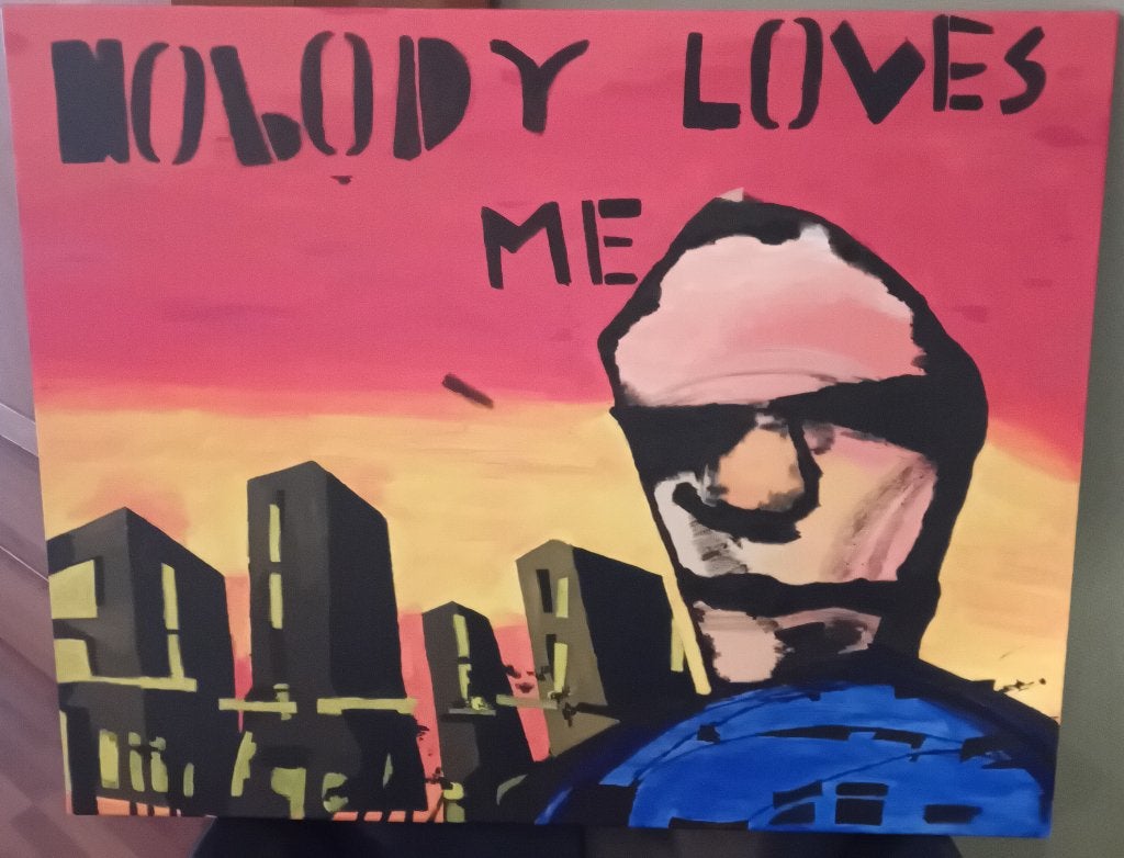 Zeldzame Replica Herman Brood schilderij "Nobody Loves Me", Antiek en Kunst, Ophalen, Op houten frame, Olieverf, Overig onderwerp