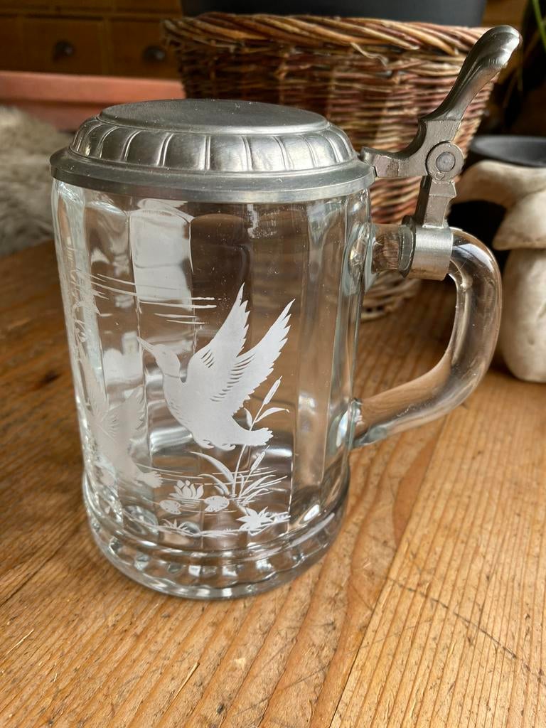 Alwe glazen bierpul met deksel, Verzamelen, Ophalen of Verzenden, Gebruikt, Bierglas