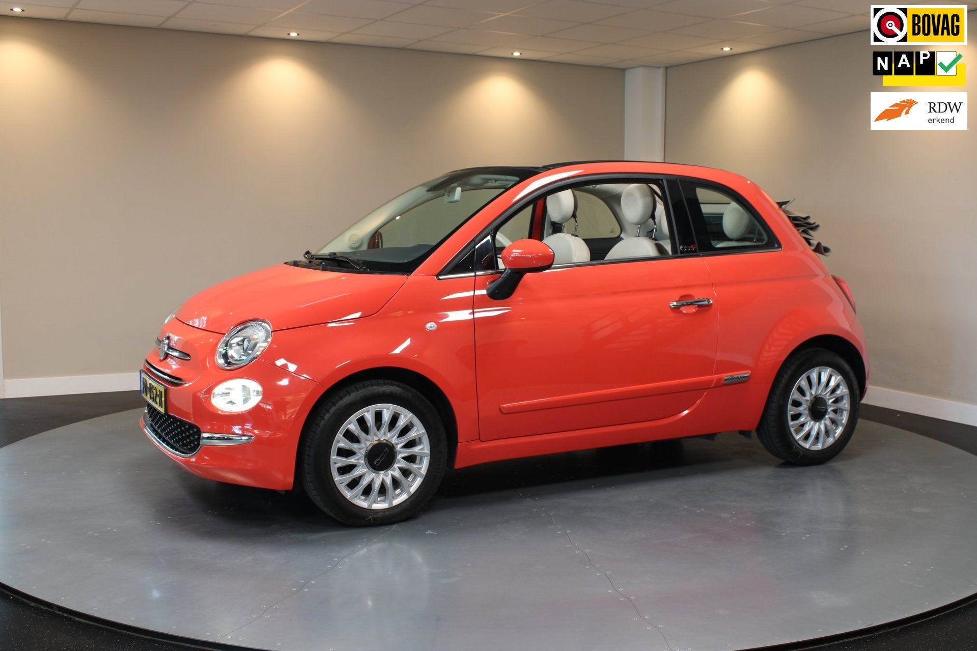 Fiat 500 C 0.9 TwinAir Turbo Lounge *Rosso Corallo* Koraal|2, Gebruikt, Start-stop-systeem, Cabriolet, Leder en Stof