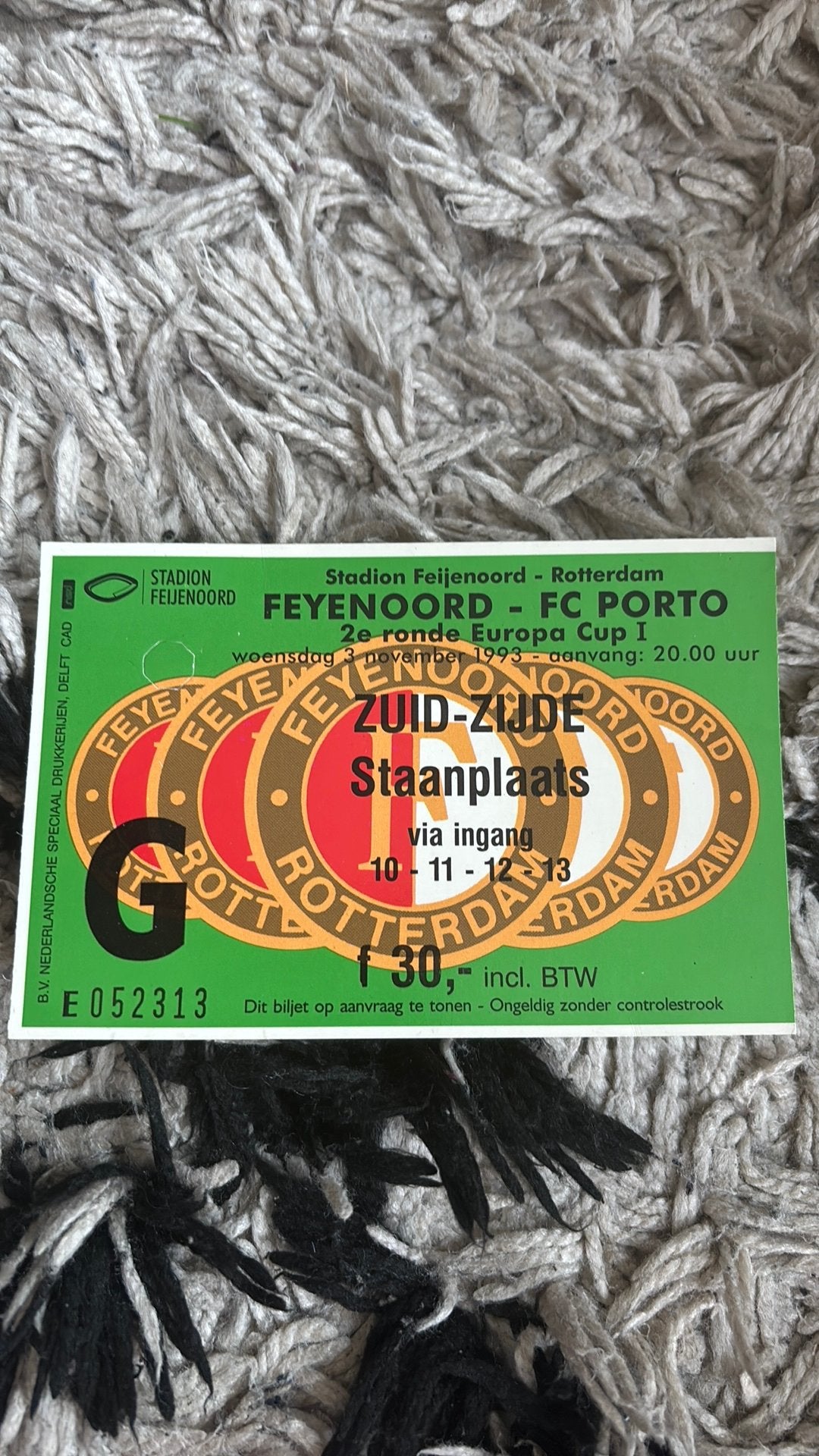 Oud stadionticket feyenoord fc porto 1993, Verzamelen, Ophalen of Verzenden, Feyenoord