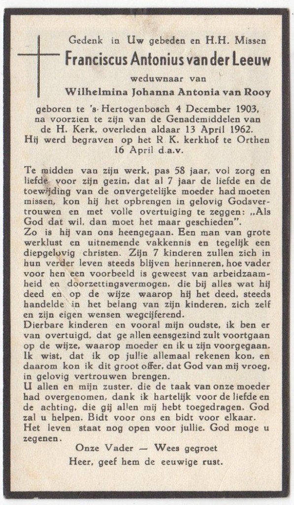 Franciscus v.d. Leeuw 1903 Den Bosch + 1962 Den Bosch/Orthen, Verzenden