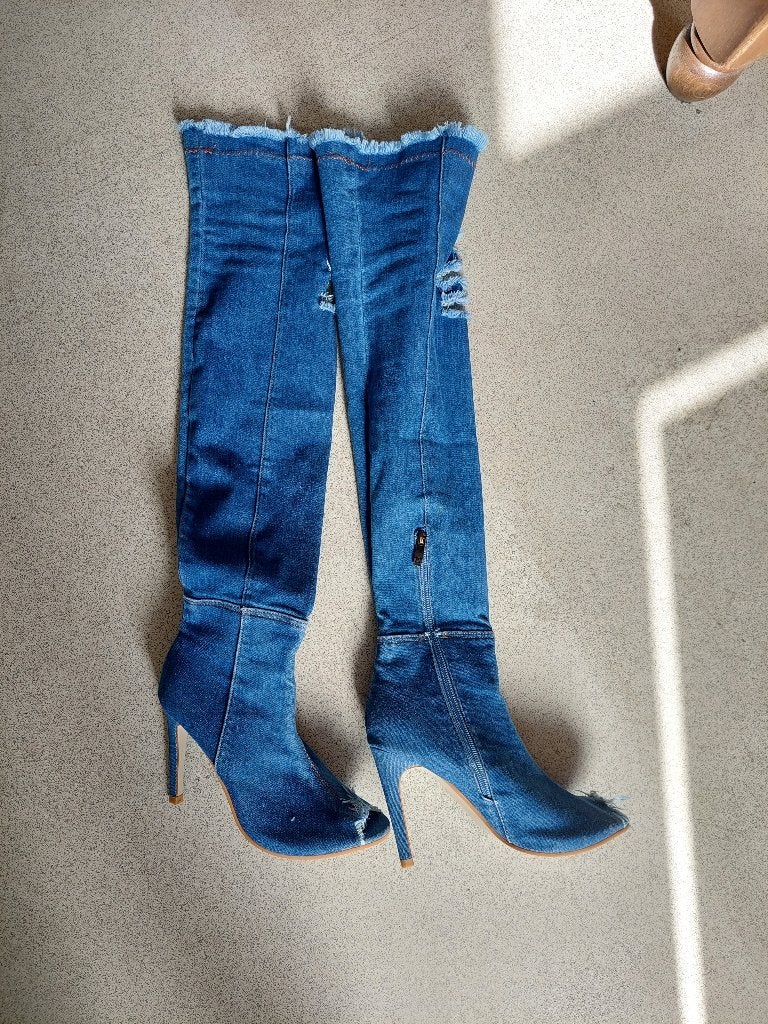 denim boots, Hoge laarzen, Blauw, Nieuw, Ophalen of Verzenden