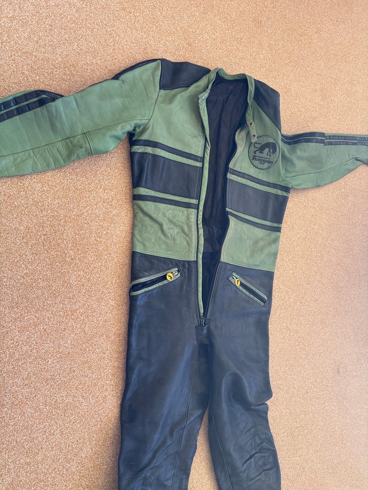 Vintage groen-zwart lederen motorpak Furygan mt M/S, Ophalen of Verzenden, Tweedehands, Heren, Combipak