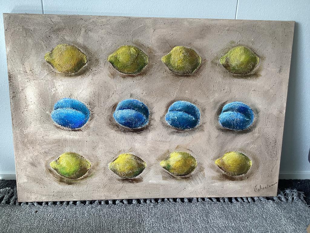 Schilderij met citroenen en blauwe vruchten, 90x80 cm, Ophalen