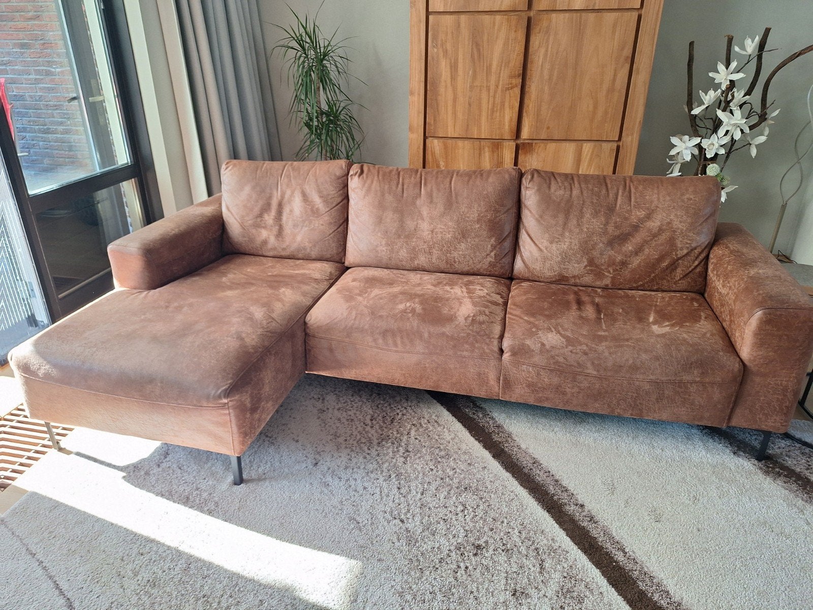Bank met sofa, microleder cognac 11 tm 15 juli ophalen, Ophalen, Gebruikt, Overige materialen