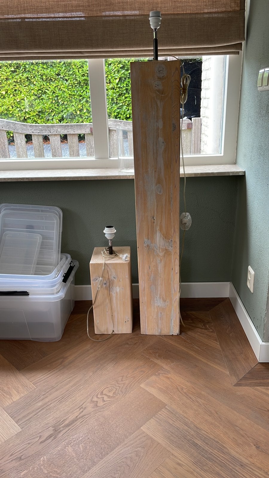 2x houten kubus lamp, Ophalen, Zo goed als nieuw, Hout, Minder dan 100 cm