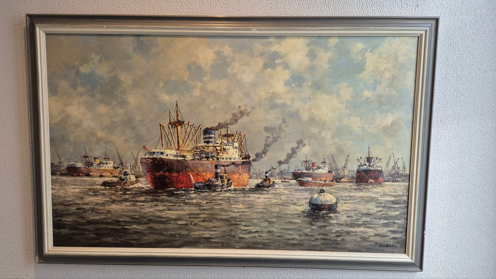 Groot Schilderij Maritiem Havenzicht 110x70 cm, Antiek en Kunst, Ophalen, Maritiem / water, Doek, Realistisch