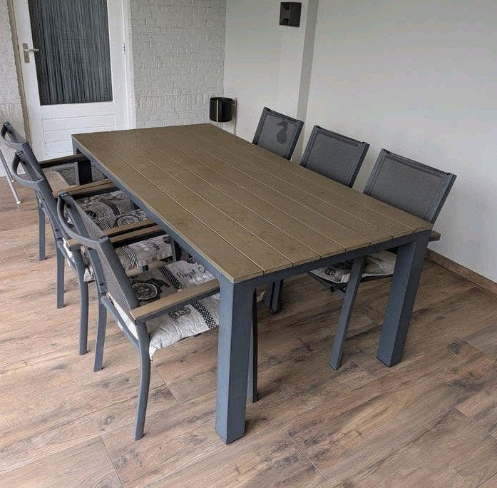 Complete Tuinset: tafel (200x100) + 6 stoelen + kussens, Ophalen, Gebruikt, Rechthoekig, Aluminium