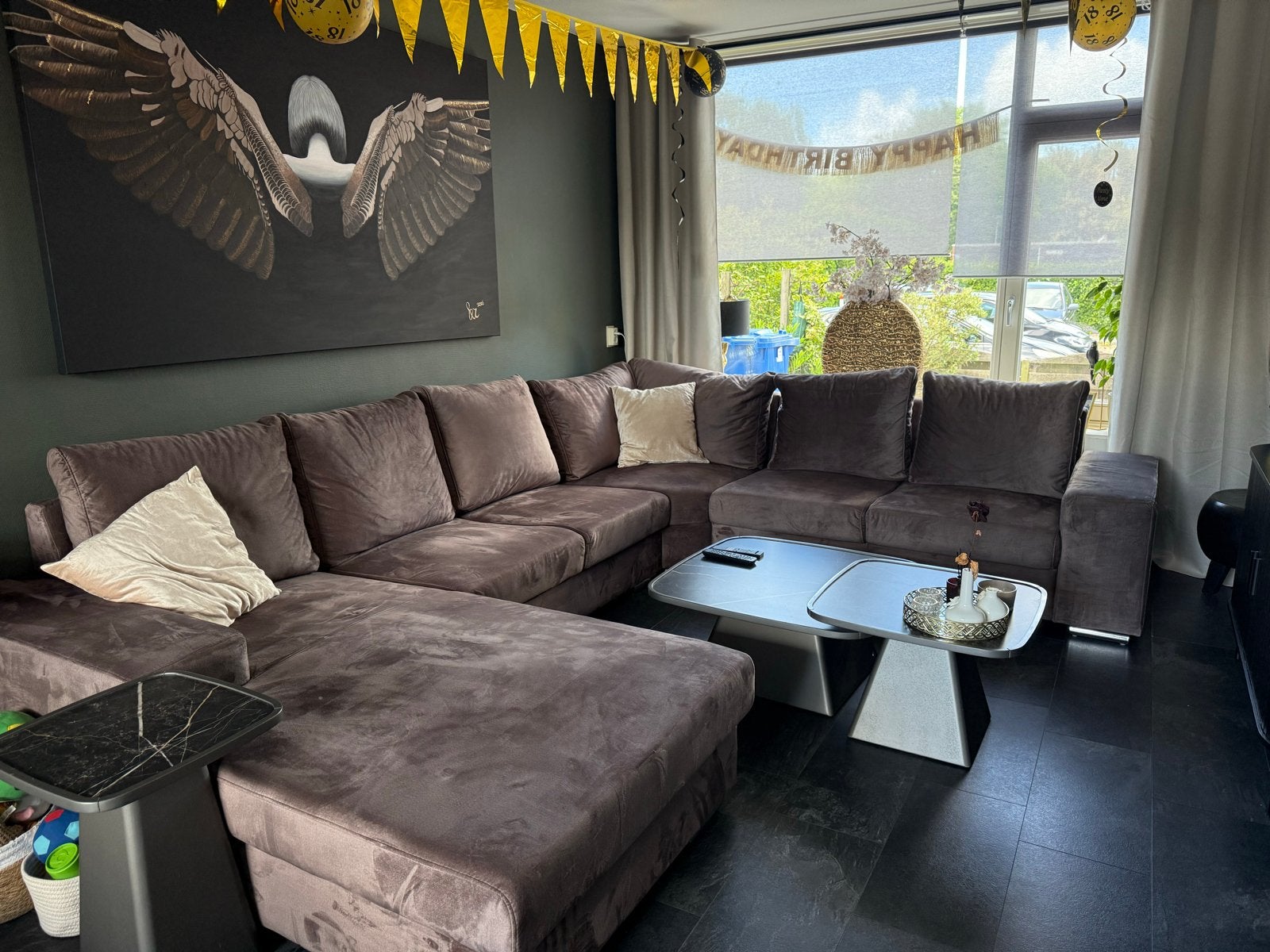 Nette velvet hoekbank in bruin/taupe, Huis en Inrichting, Banken | Bankstellen, Ophalen, Hoekbank, 300 cm of meer, Zo goed als nieuw
