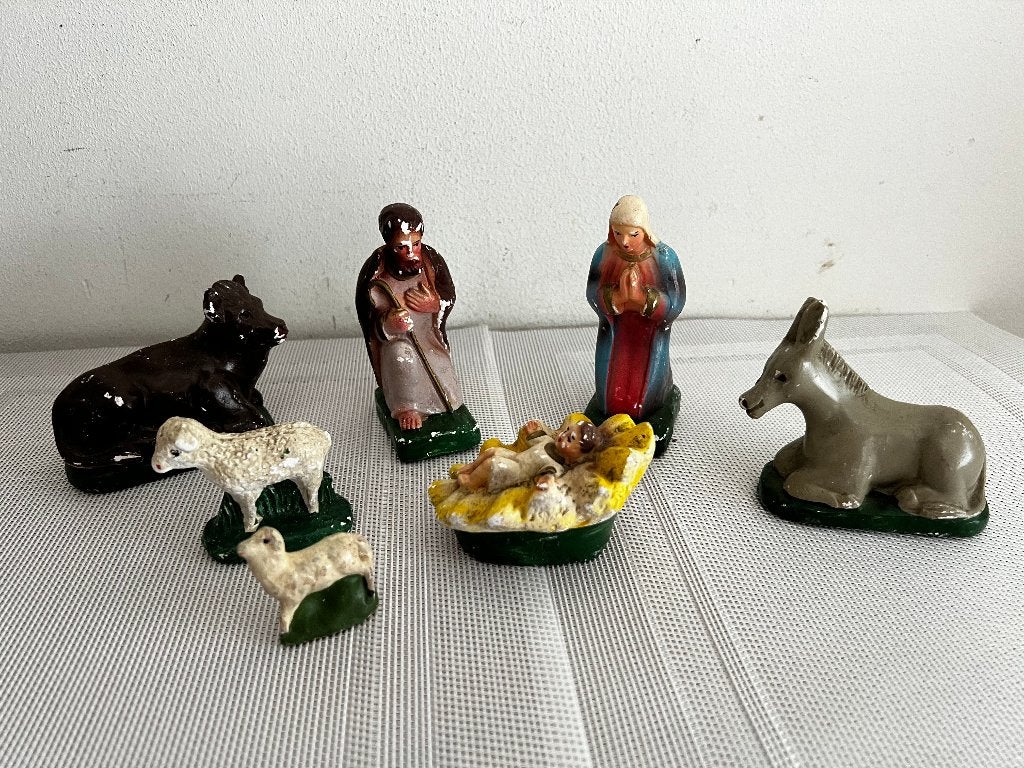 Brocante gipsen kerststal figuurtjes, Diversen, Ophalen of Verzenden, Gebruikt