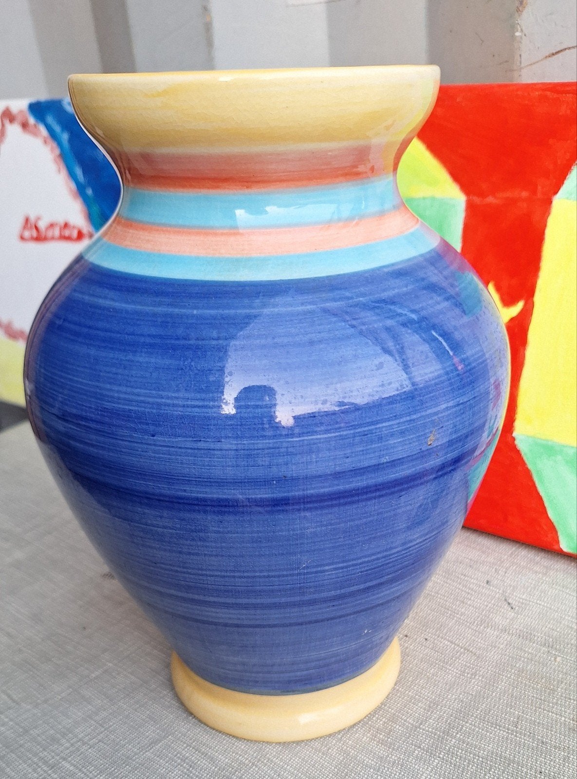 Kleurrijke vaas met strepen - Blauw, oranje, geel, Ophalen of Verzenden