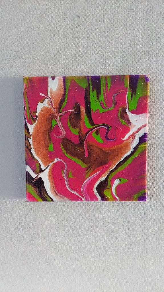 Abstract schilderij roze en groen op canvas 20 x 20 cm, Ophalen