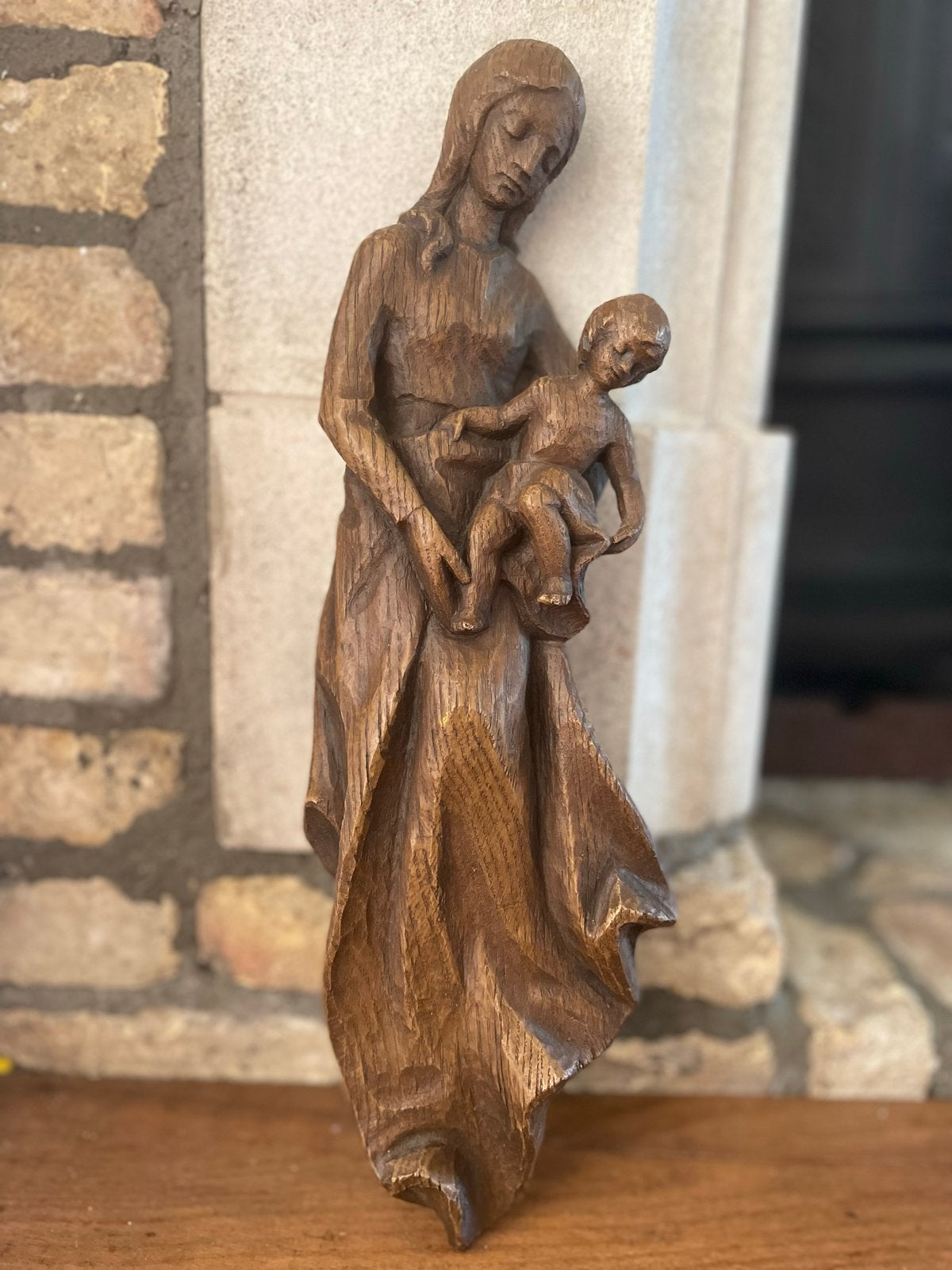 Eikenhouten Beeld Maria met Kind Jezus, Antiek en Kunst, Ophalen of Verzenden, Handgemaakt, 20 - 50 cm, Beeld
