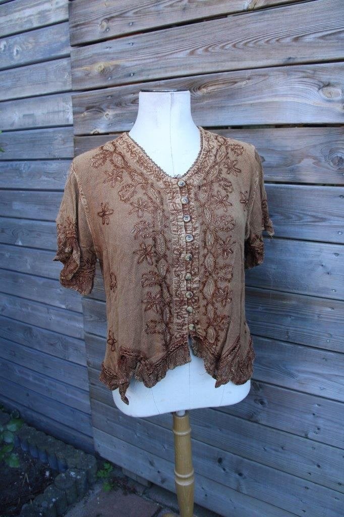 Blouse bruin India 1mt korte mouw Vaste prijs, Maat 38/40 (M), India, Bruin, Ophalen of Verzenden