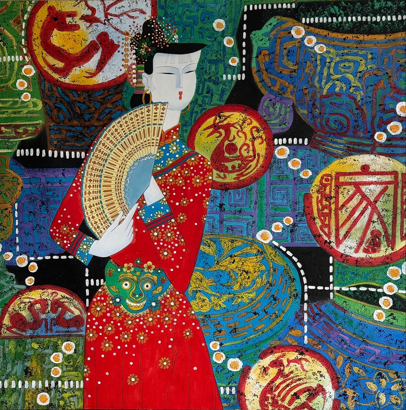 Aziatisch Japans Schilderij op Canvas - Vrouw met Waaier, Ophalen, Japan, Meerkleurig, Geschilderd