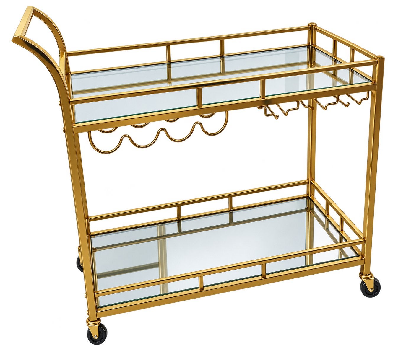 Luxe Gouden Serveerwagen met Glasplaten en Wijnrek, Ophalen, Zo goed als nieuw, Goud, Metaal