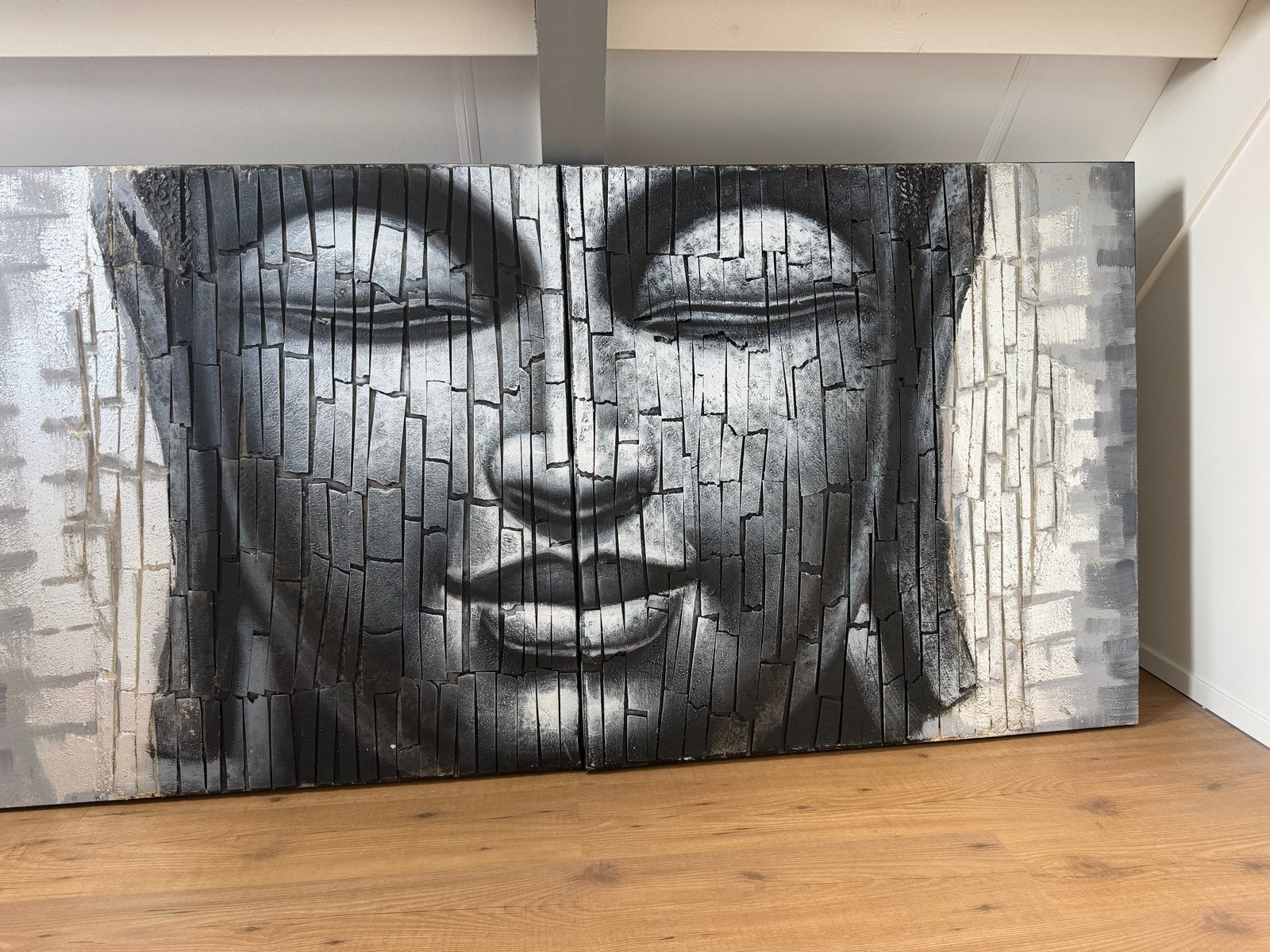 Groot Boeddha Schilderij - Zwart/Wit Reliëf Kunst, Gebruikt, 125 cm of meer, Ophalen of Verzenden, Schilderij