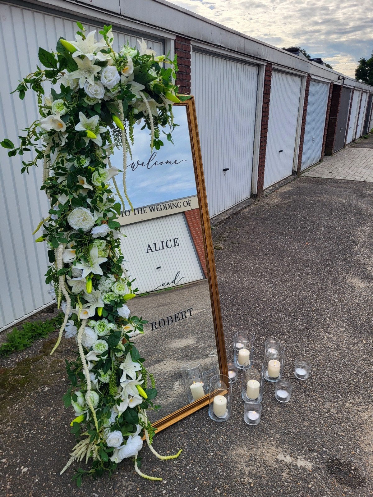 Luxe welkomstpiegel en bloemstukken bruiloft, Hobby en Vrije tijd, Ophalen, Zo goed als nieuw, Versiering, Geboorte of Huwelijk