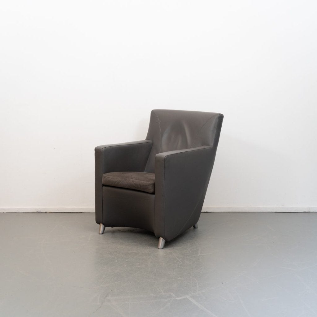 Leolux Dolcinea Fauteuil Donkergrijs Leer - Aluminium, Niet ingevuld, Zo goed als nieuw, Niet ingevuld, Niet ingevuld