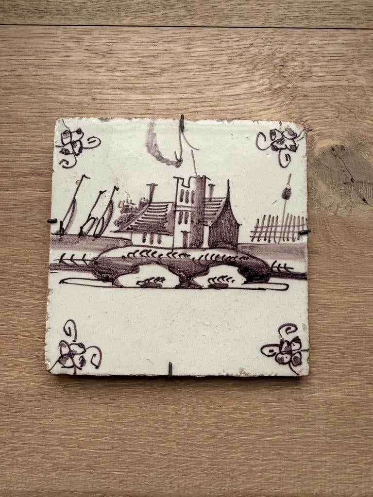 Antieke Zeelandse Tegel 18e Eeuw - Landschap Mangaan, Antiek en Kunst, Antiek | Wandborden en Tegels, Ophalen of Verzenden