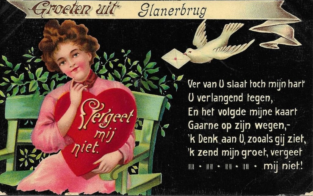 Glanerbrug, Groeten uit met vrouw, duif en rijmpje, Verzamelen, Verzenden, Voor 1920, Gelopen, Overijssel