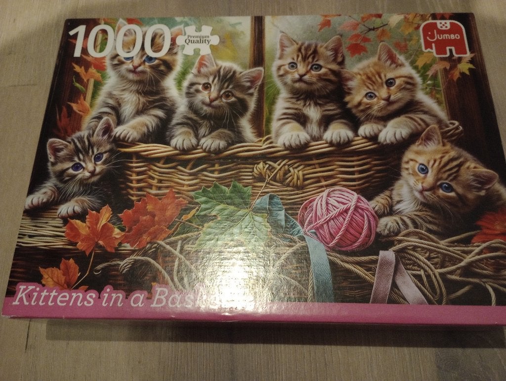 Puzzel 1000 stukjes jumbo poezen in een mand, Ophalen of Verzenden, 500 t/m 1500 stukjes, Zo goed als nieuw