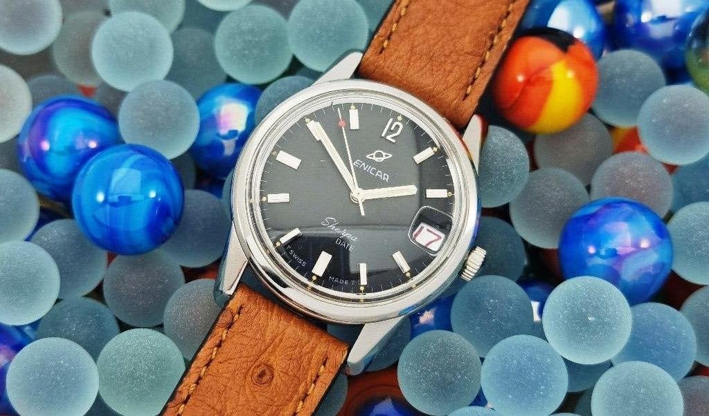 Enicar Sherpa 600 date 1965  Nearly new . Fixed price, Leer, Staal, Polshorloge, Zo goed als nieuw