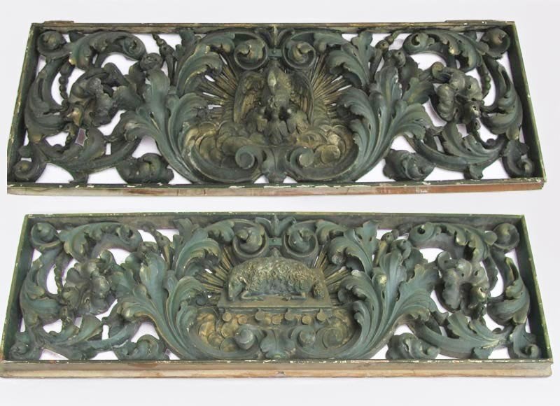 2 antieke panelen uit kerk, Lam Gods en Pelikaan met kuikens, Ophalen