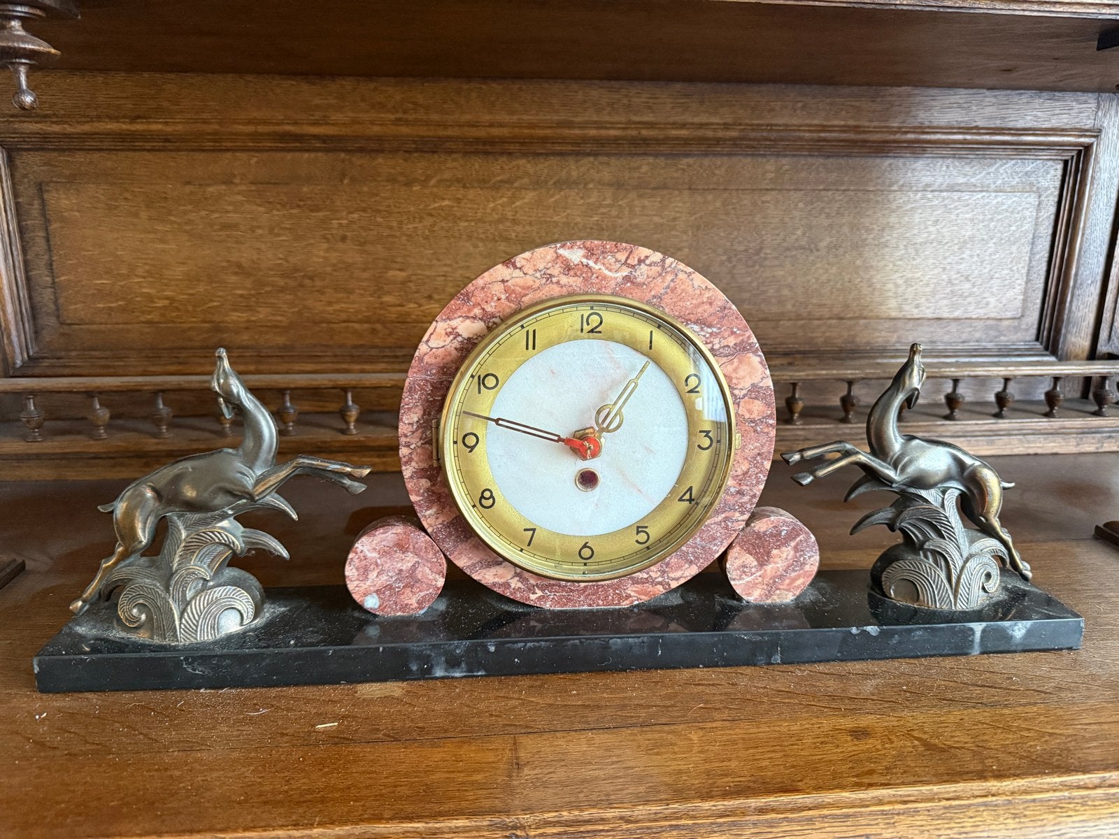 Vintage Art Deco Marmeren Schouwklok met Hertenfiguren, Ophalen