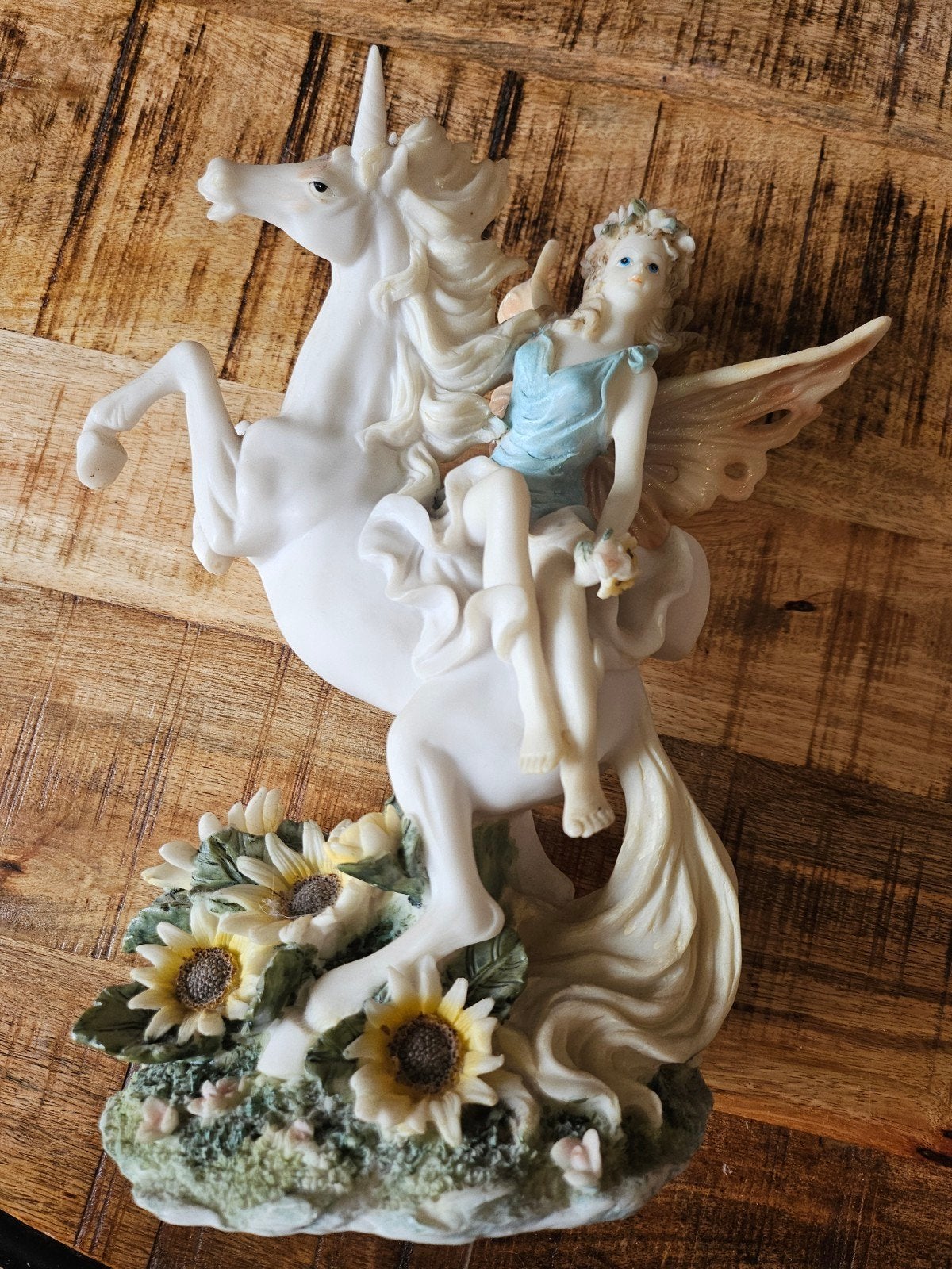 Prachtig Fantasy Beeldje: Elf op Eenhoorn met Zonnebloemen (, Ophalen of Verzenden
