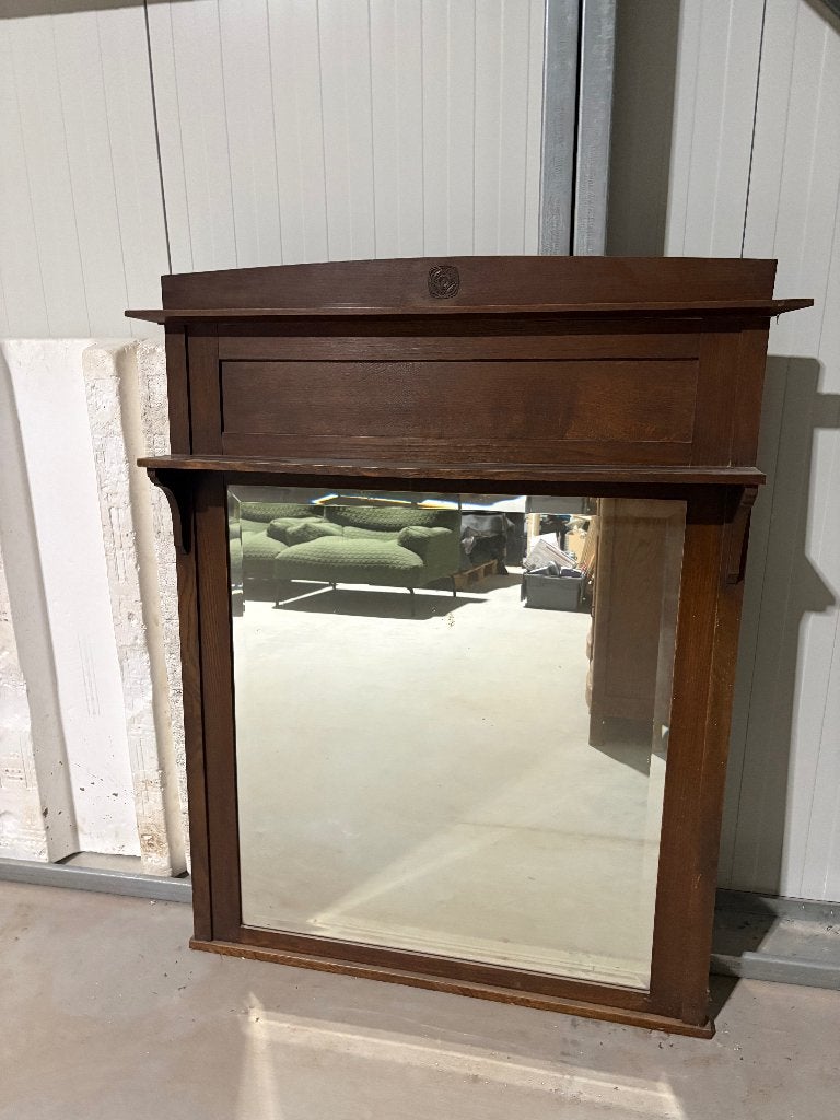 Antieke Art deco halspiegel met plankje, Antiek en Kunst, Ophalen, Rechthoekig, 100 tot 150 cm, 100 tot 150 cm