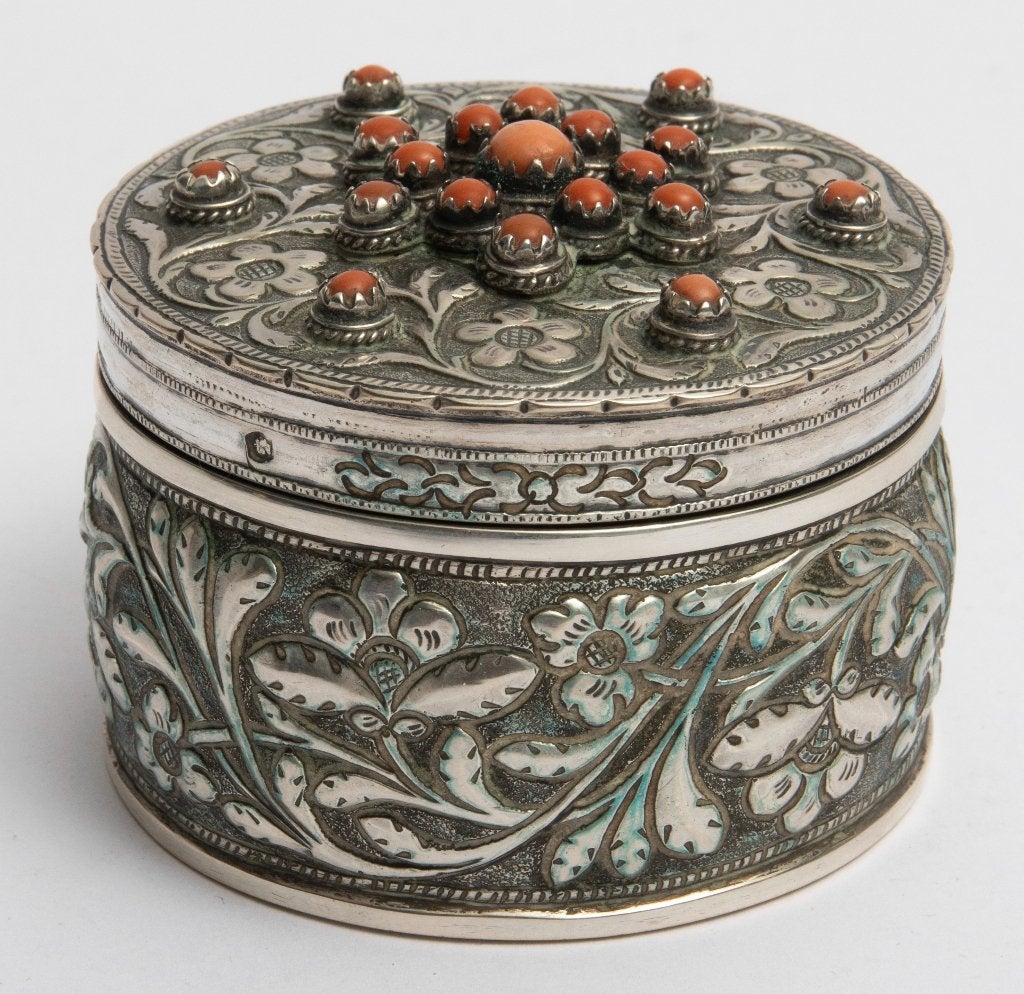 Antiek zilveren deskseldoos met bloedkoraal zeldzaam, Antiek en Kunst, Ophalen, Zilver