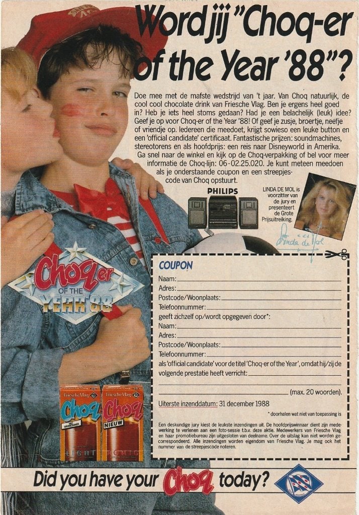 Retro reclame 1988 Friesche Vlag Choq jongetje wedstrijd, Verzenden, Overige typen